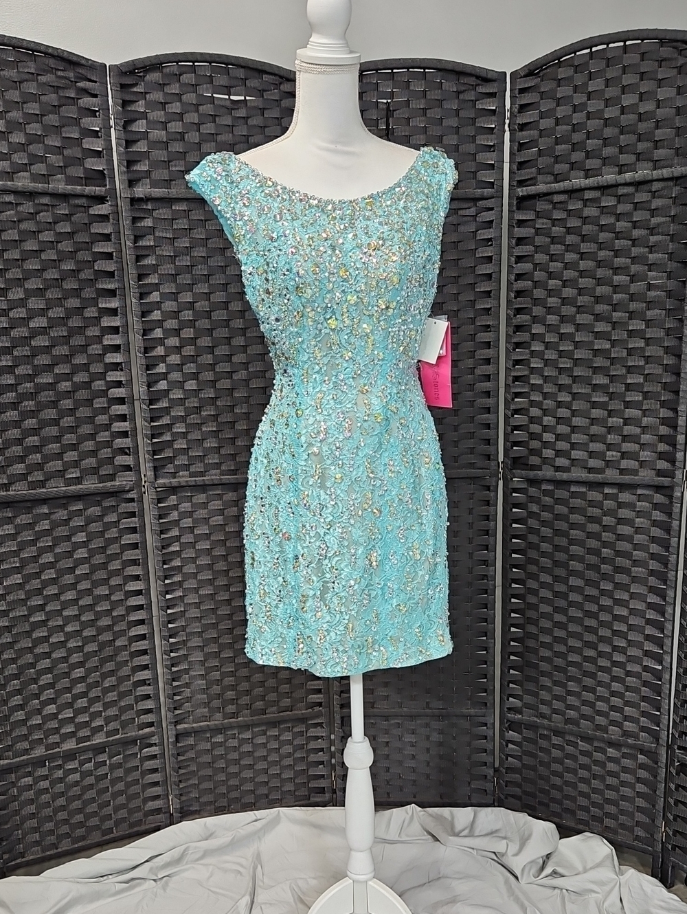 Size 0 aqua blue mini dress with cap sleeves &ballover beaded embellishments NWT